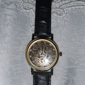 Women's Chaxigo Fancy Watch with See through back, Gold w/Black Leather Band
